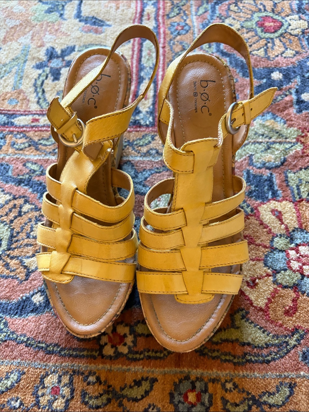 b.o.c. Mustard Yellow Strappy Wedge Sandals